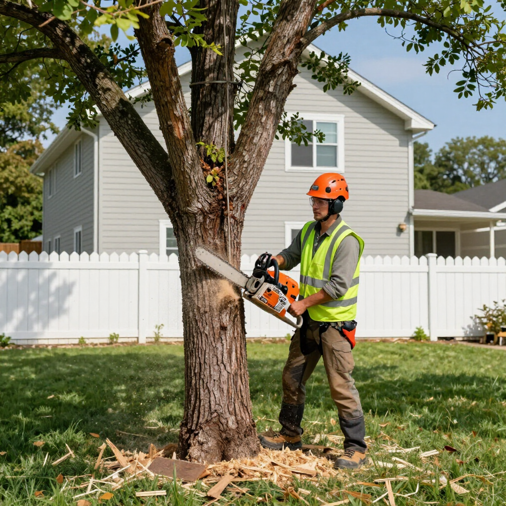 Worker using a chainsaw to cut a tree trunk in a suburban yard beside a white fence