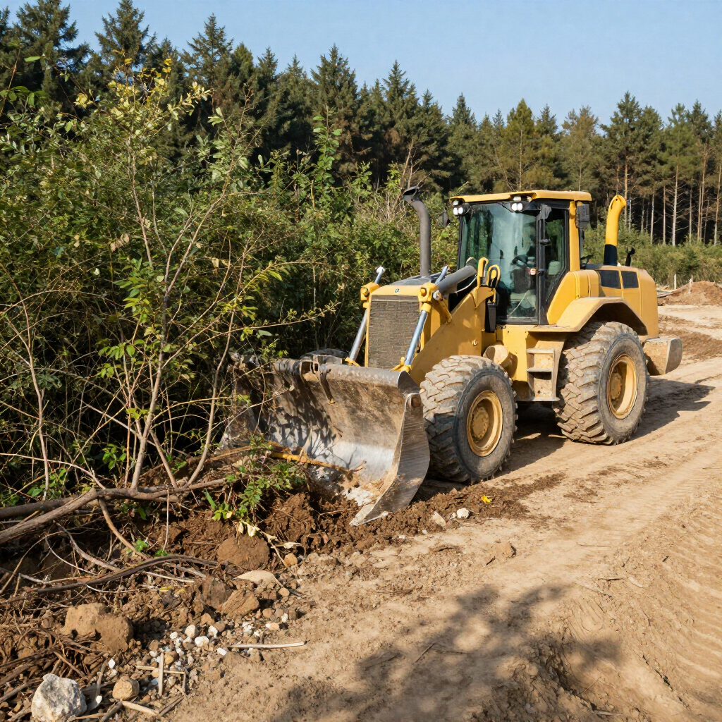 Yellow front loader clearing brush beside a dirt road near evergreen trees under a clear sky