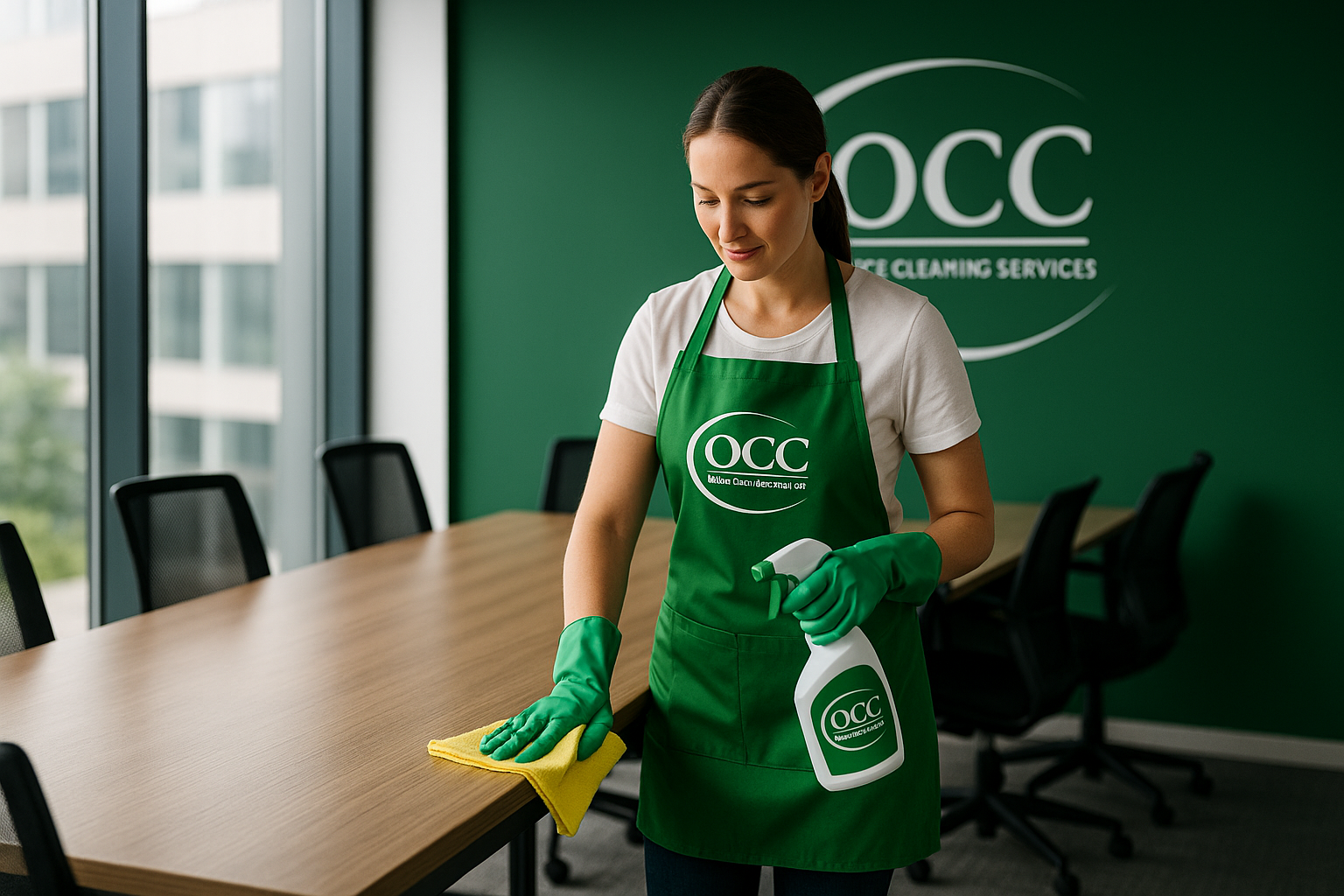 Cleaner in green OCC uniform wiping a conference table in a modern office boardroom