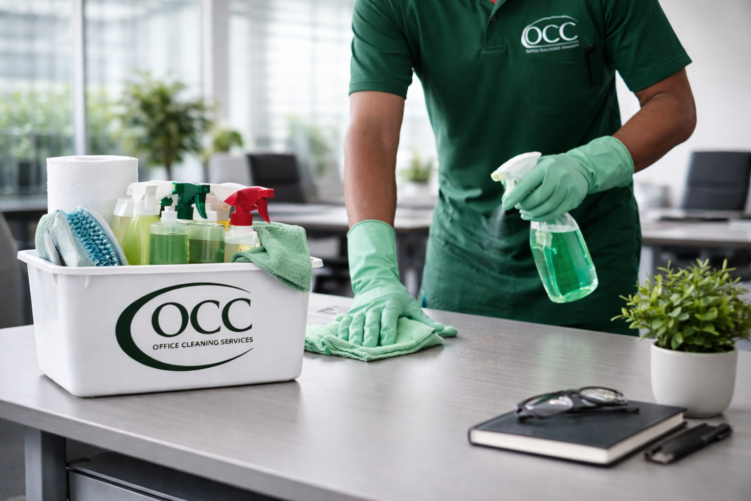 Janitor cleaning an office desk with green spray bottle, cloths, and OCC cleaning caddy