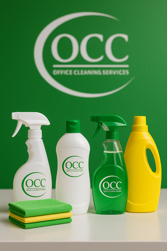 OCC office cleaning products display with sprays, bottles, and sponges on a green background