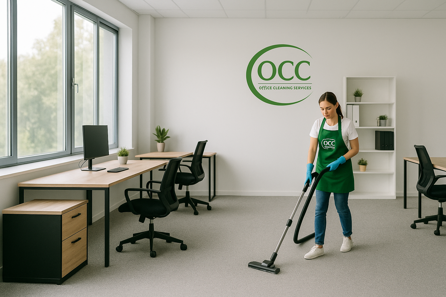 Person vacuuming a modern office with desks, chairs, and an OCC logo on the wall