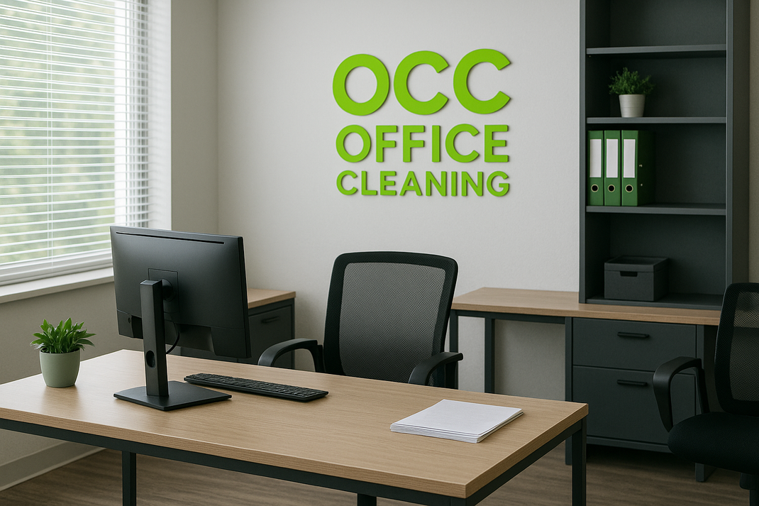 Office cleaning workspace with desk, computer, and green “OCC OFFICE CLEANING” wall sign.