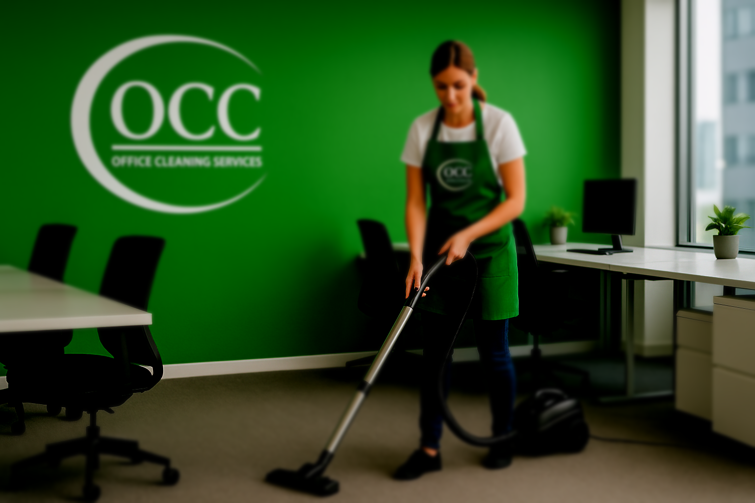 Woman vacuuming an office with green walls and OCC logo backdrop
