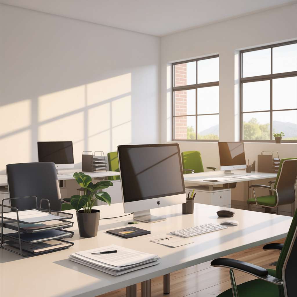 Modern office with desks, computers, chairs, and bright sunlight through large windows