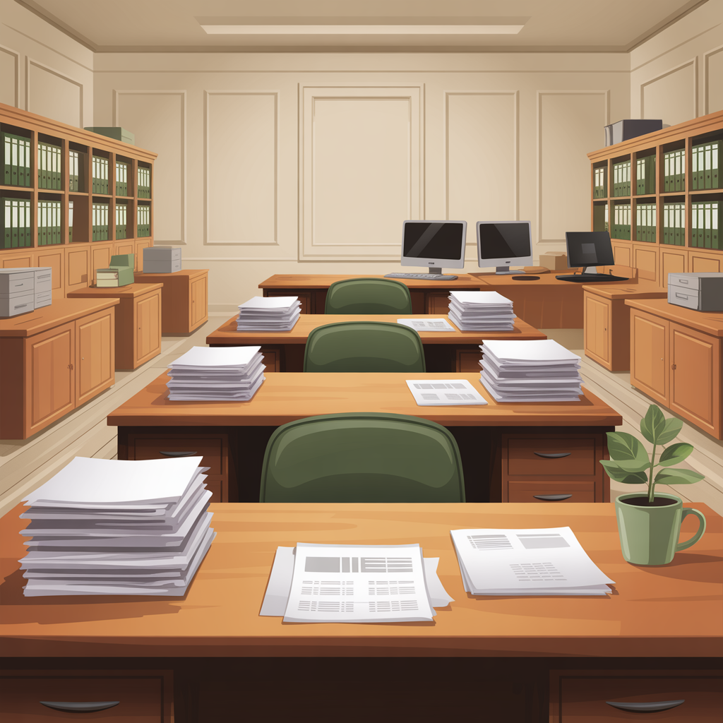 Quiet office with wooden desks, stacks of papers, computers, and green chairs in a tidy room