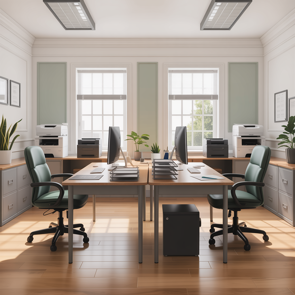 Bright modern office with two desks, computers, and green chairs beside large windows.