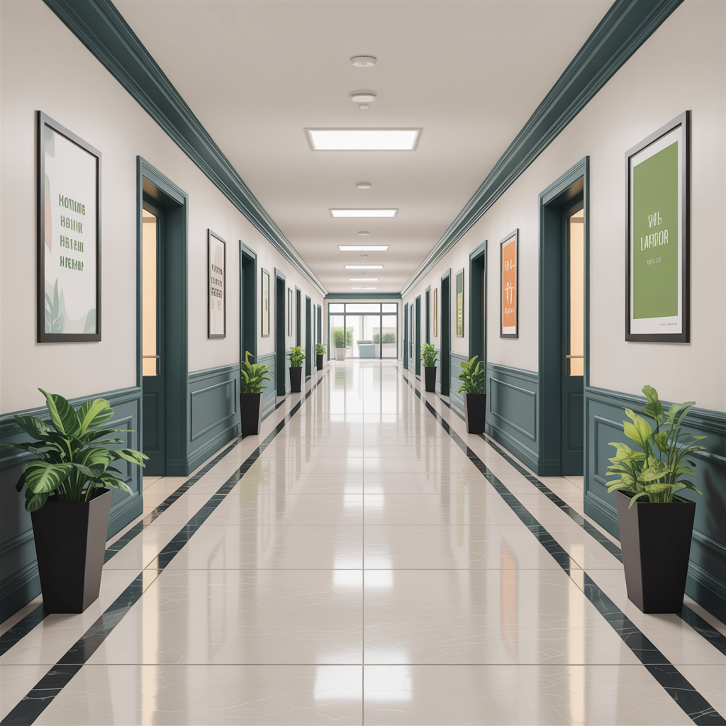 Bright modern office hallway with green trim, framed art, potted plants, and polished floors.