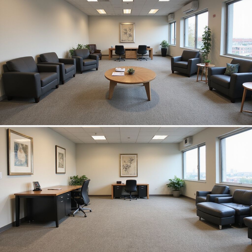 Empty office lounge with gray chairs, desks, and a round wooden table in a carpeted waiting area.