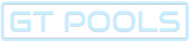 Light blue “GT POOLS” logo on a white background