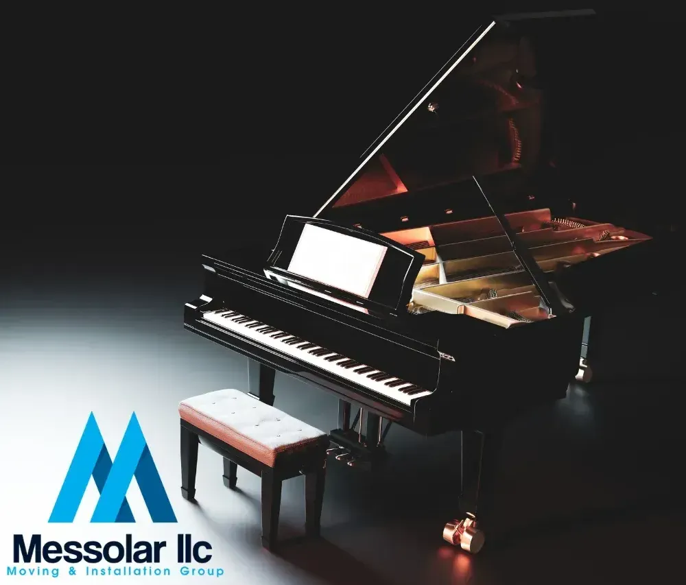 A grand piano with a stool next to it and a logo for messolar lic