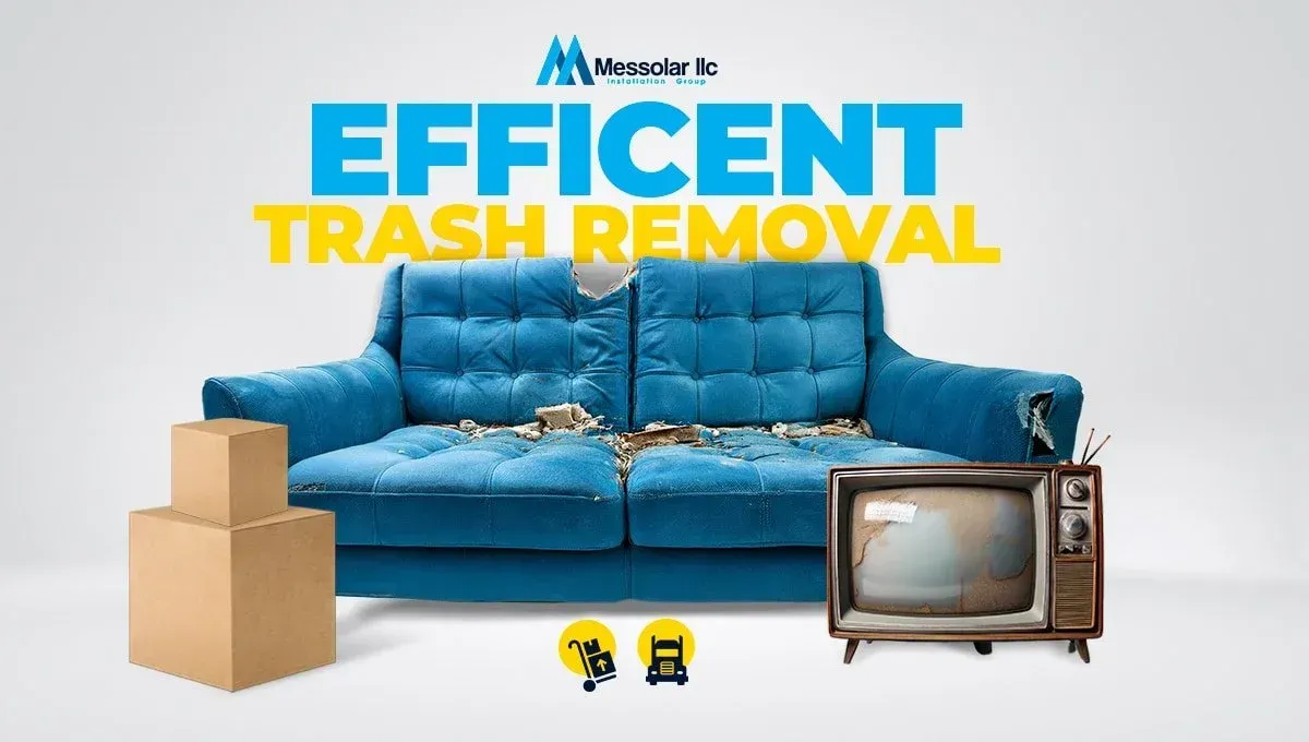 An ad for efficient trash removal shows a blue couch and a tv