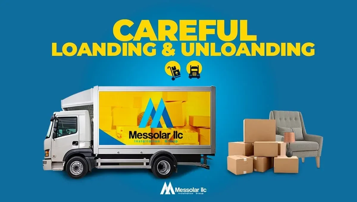 A moving truck with the words careful loaning and unloading on it