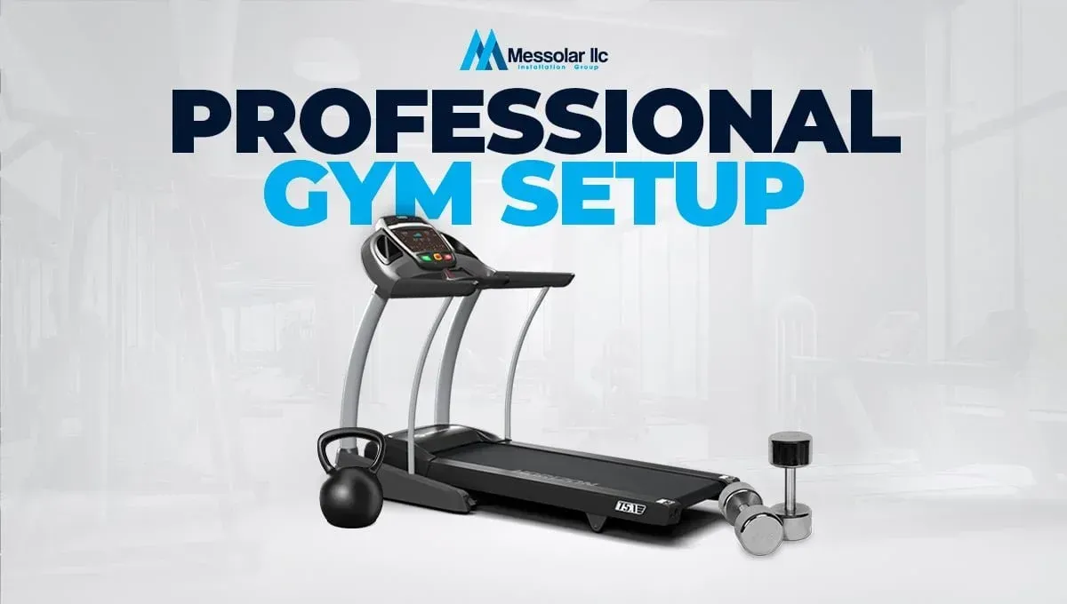 A treadmill is sitting next to a dumbbell on a white background.