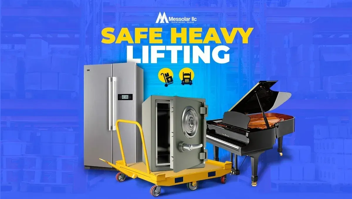 A safe , a refrigerator , a piano , and a safe on a cart.