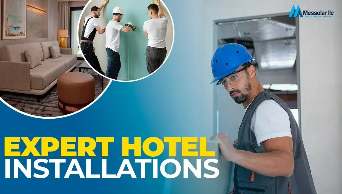 A man wearing a hard hat is working on a hotel installation.