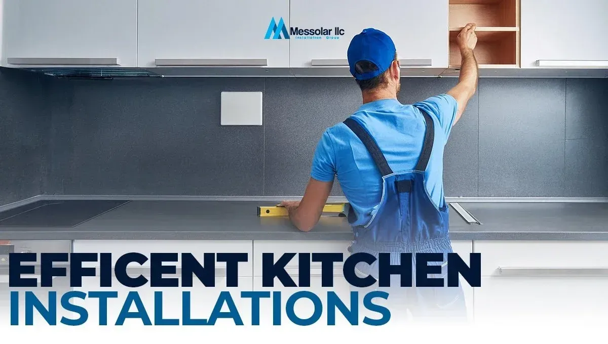 A man is measuring a cabinet in a kitchen.