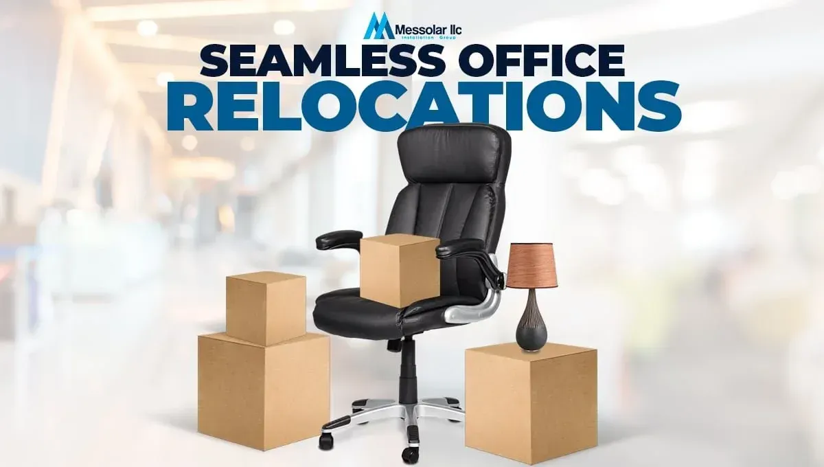 A black office chair surrounded by cardboard boxes and a lamp.