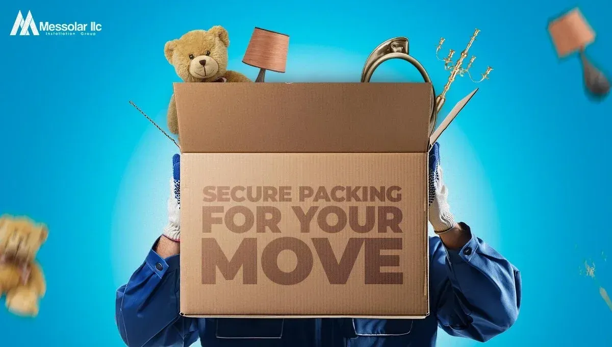 A man is holding a cardboard box with a teddy bear in it.