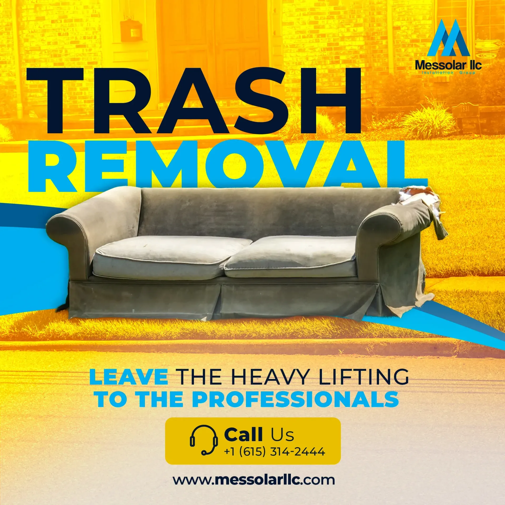 An advertisement for trash removal shows a couch on a rug.