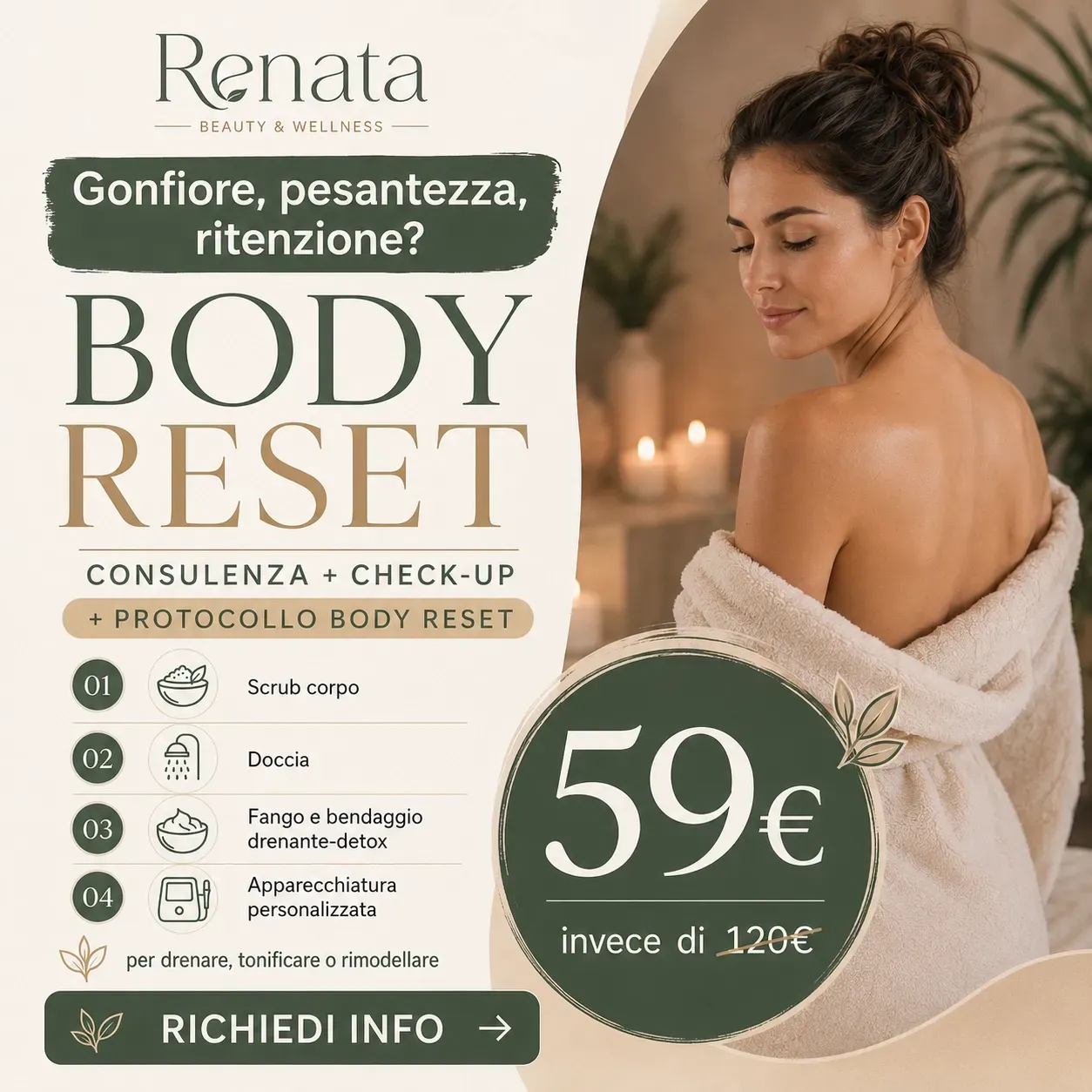 Promozione spa “BODY RESET” con donna in accappatoio, prezzo 59 € e pulsante “RICHIEDI INFO”.