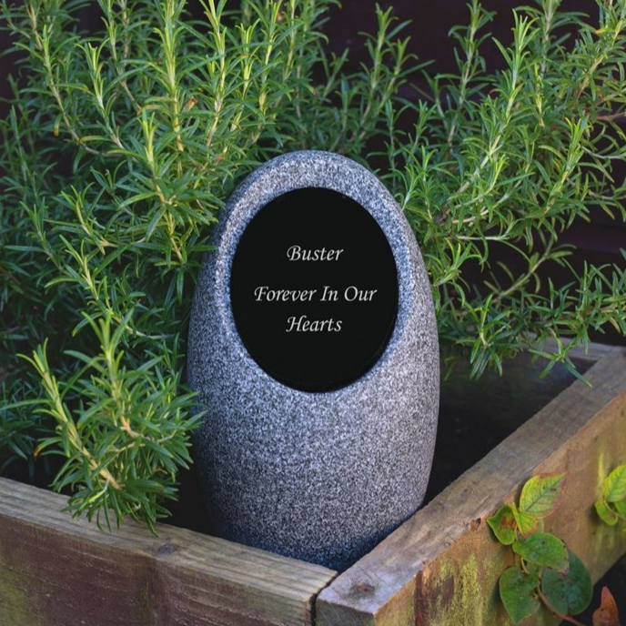 Grave marker for a pet named Buster, in a garden bed with rosemary and a wooden border.