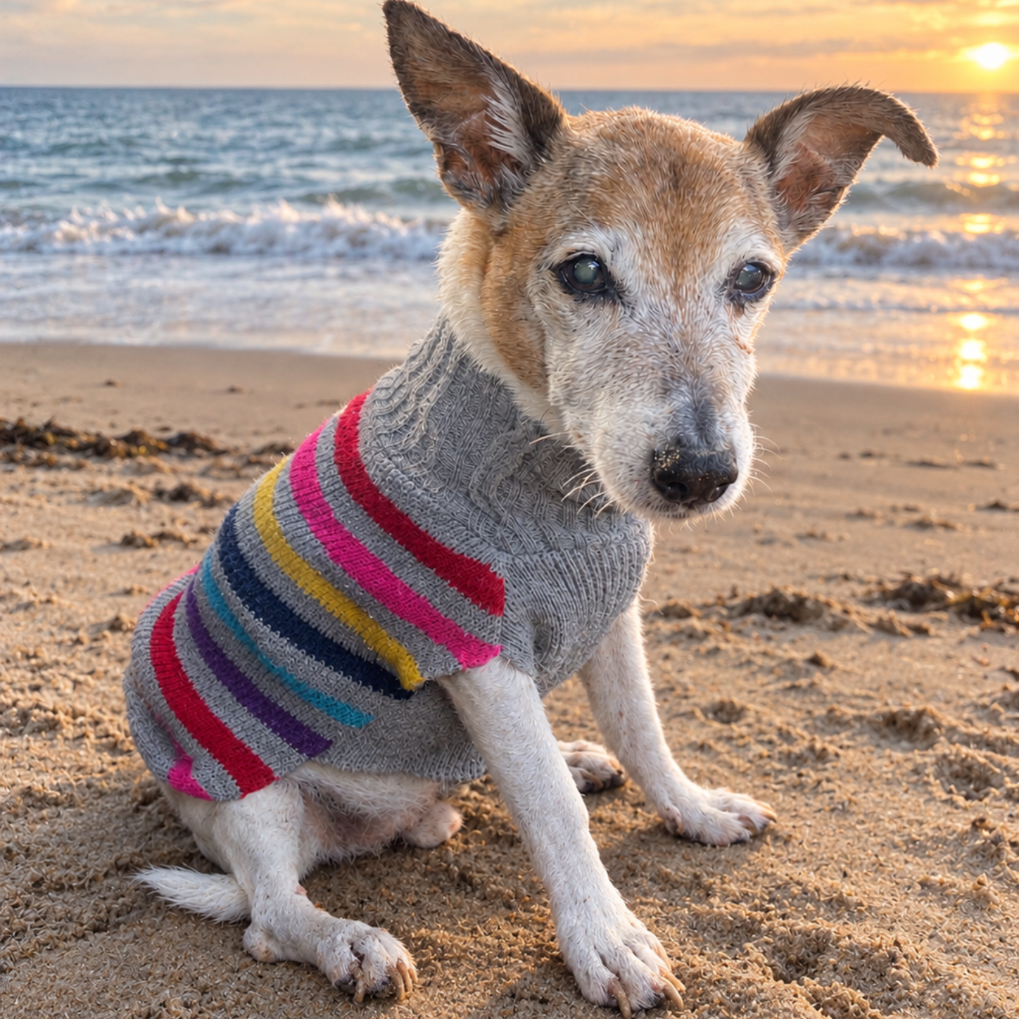 Small dog in a striped sweater sitting on a sandy beach at sunset.