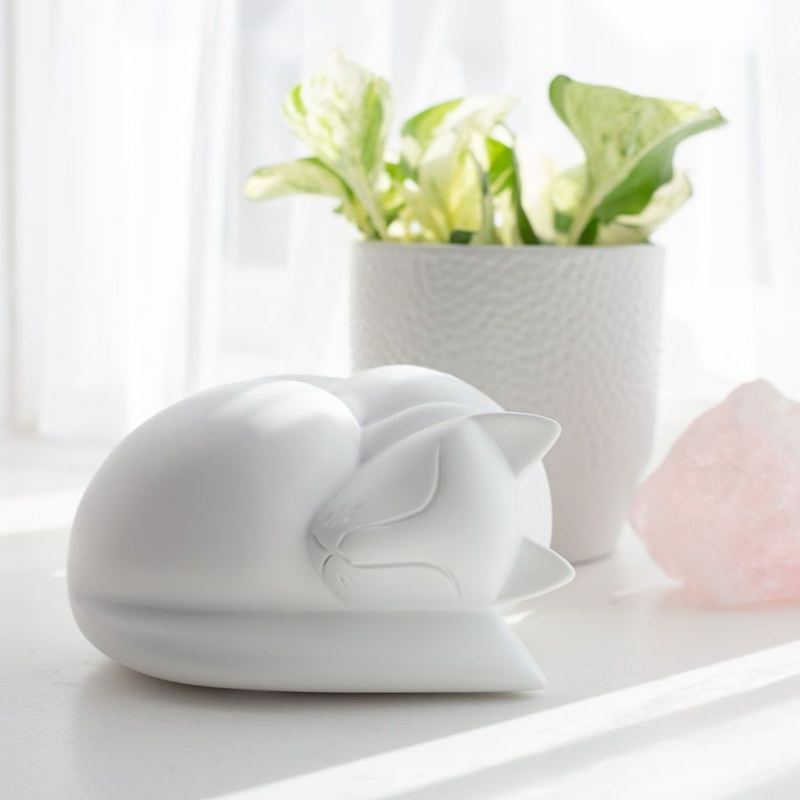 White ceramic sleeping fox next to a white potted plant and a pink crystal.