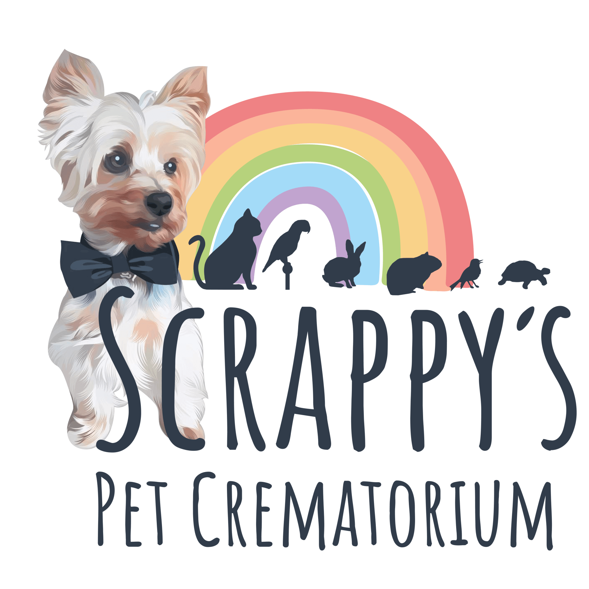 Yorkshire Terrier in bow tie; rainbow; silhouettes of pets;