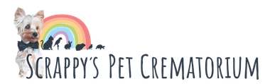 Logo for Scrappy's Pet Crematorium. A dog in a bow tie with a rainbow and animal silhouettes.