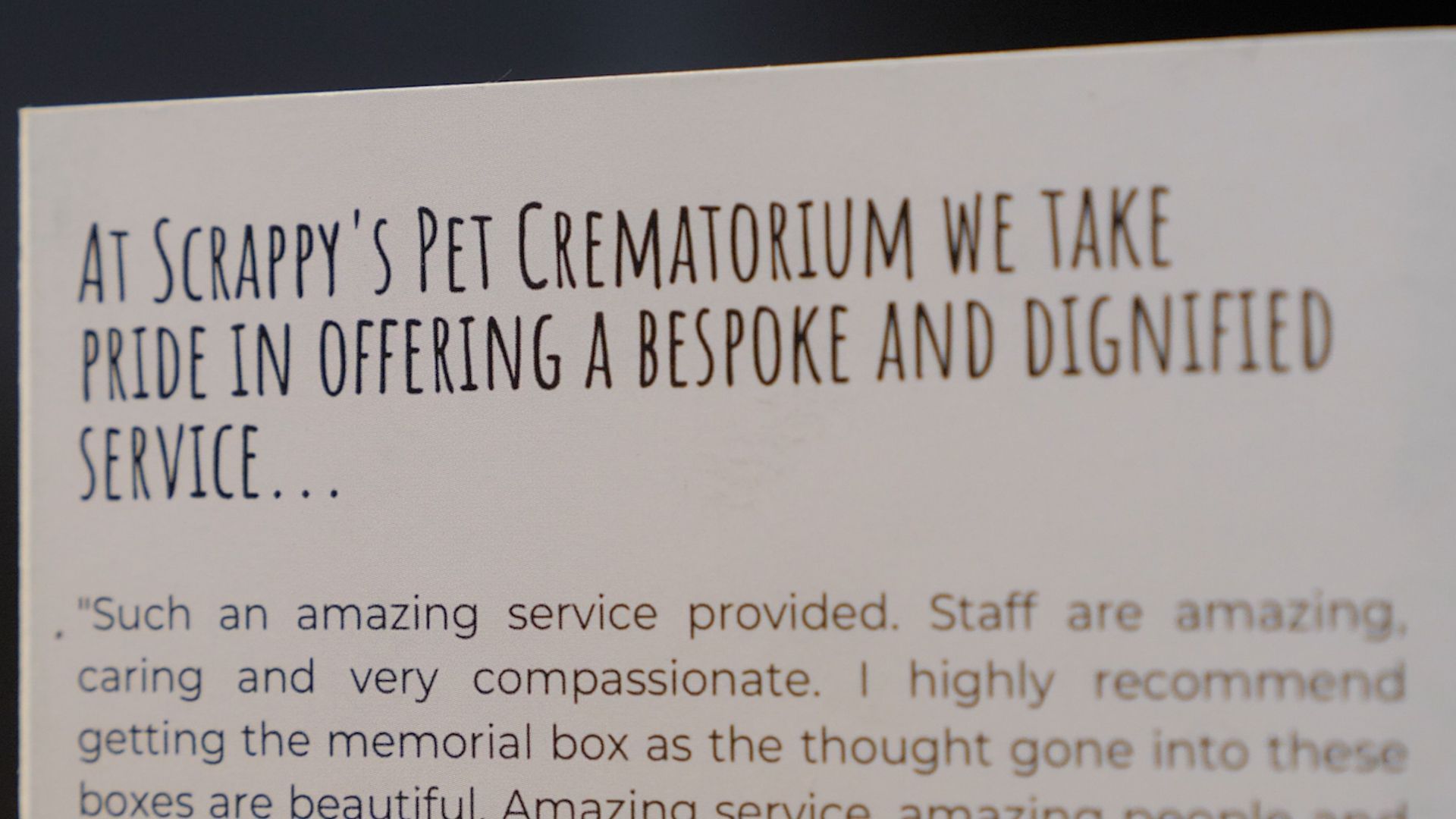 Text from Scrappy's Pet Crematorium: offers bespoke and dignified service. Includes a customer quote.