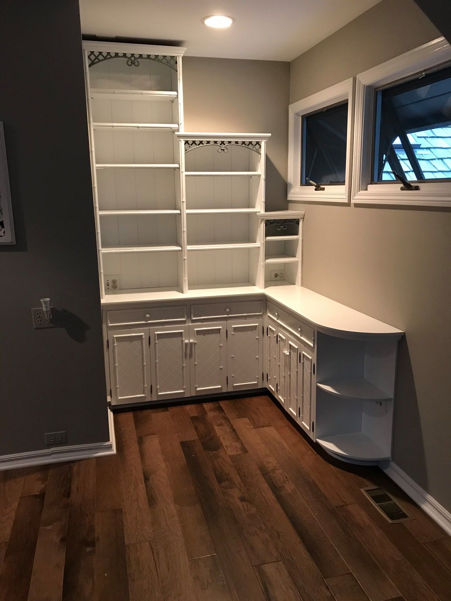 painted book shelves and drawers