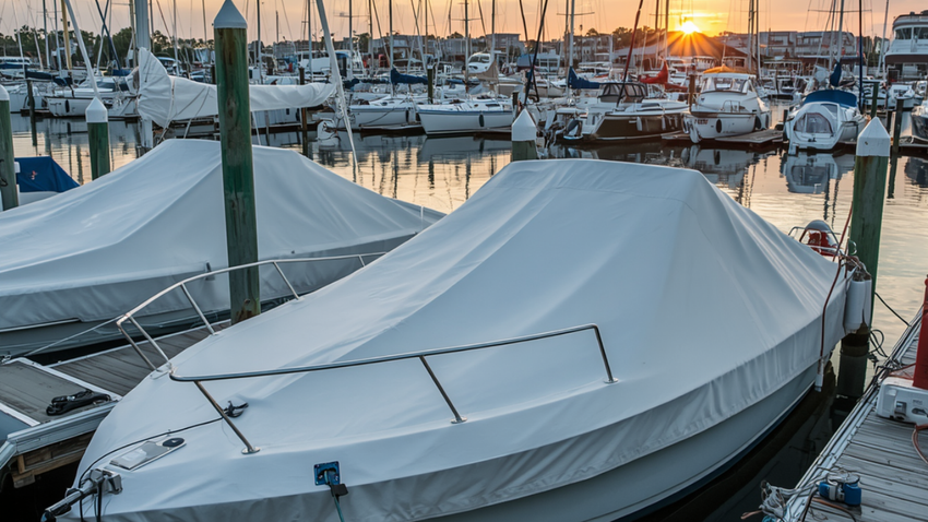 Boats covered in white tarps docked in a marina at sunset, with sailboats and buildings visible in the background.