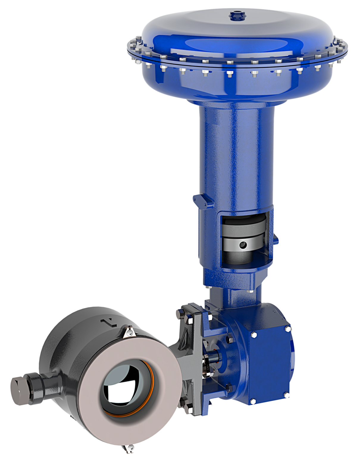 A close up of a blue valve on a white background.