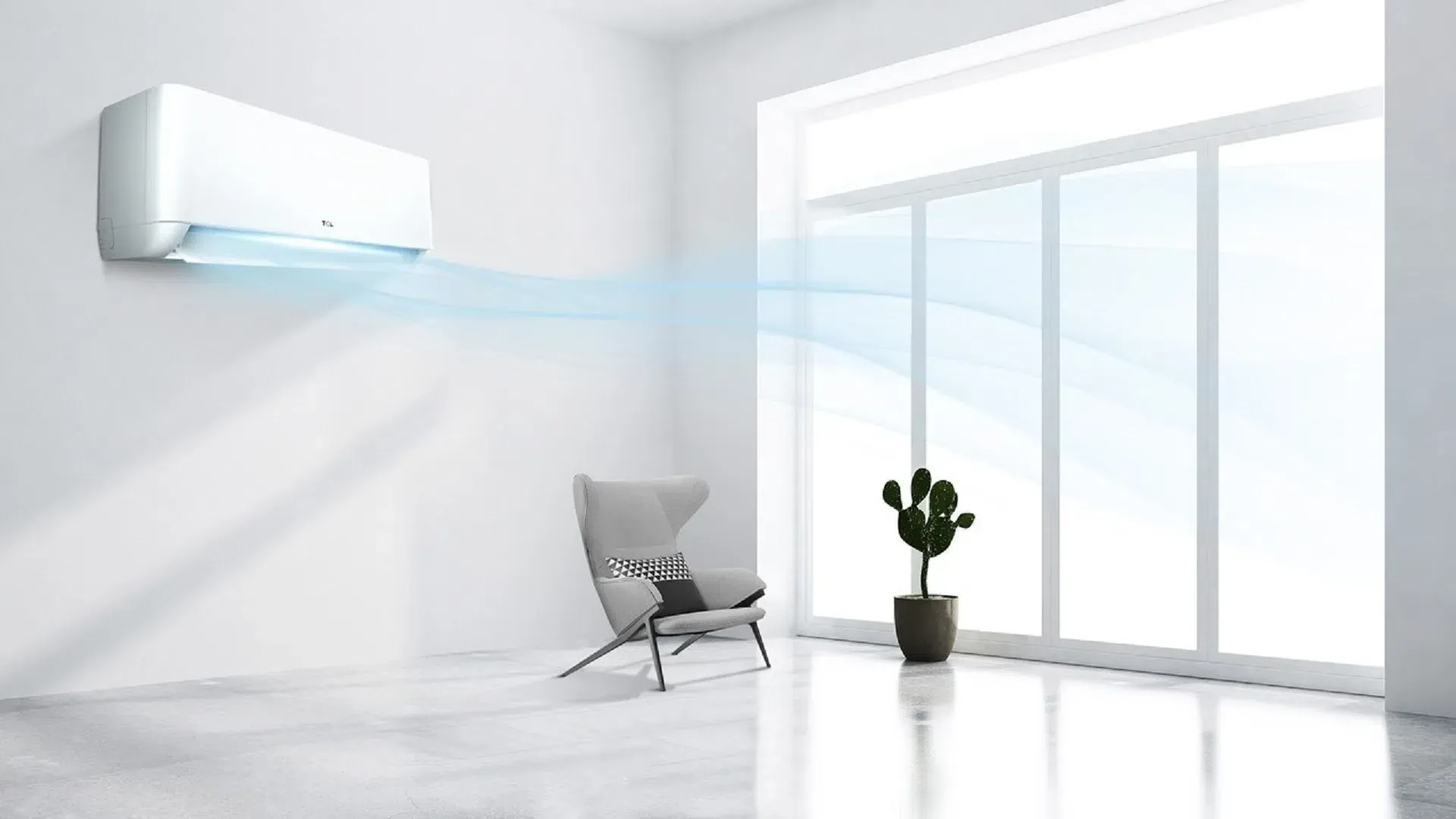 Bright minimalist room with wall-mounted air conditioner, chair, potted plant, and large windows.