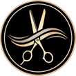 Een schaar die haar knipt; een goud-zwart rond logo voor een kapsalon.