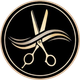 Een schaar die haar knipt; een goud-zwart rond logo voor een kapsalon.
