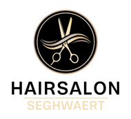 Logo voor kapsalon Seghwaert: Zwarte cirkel met schaar, beige haarlok, zwarte tekst.