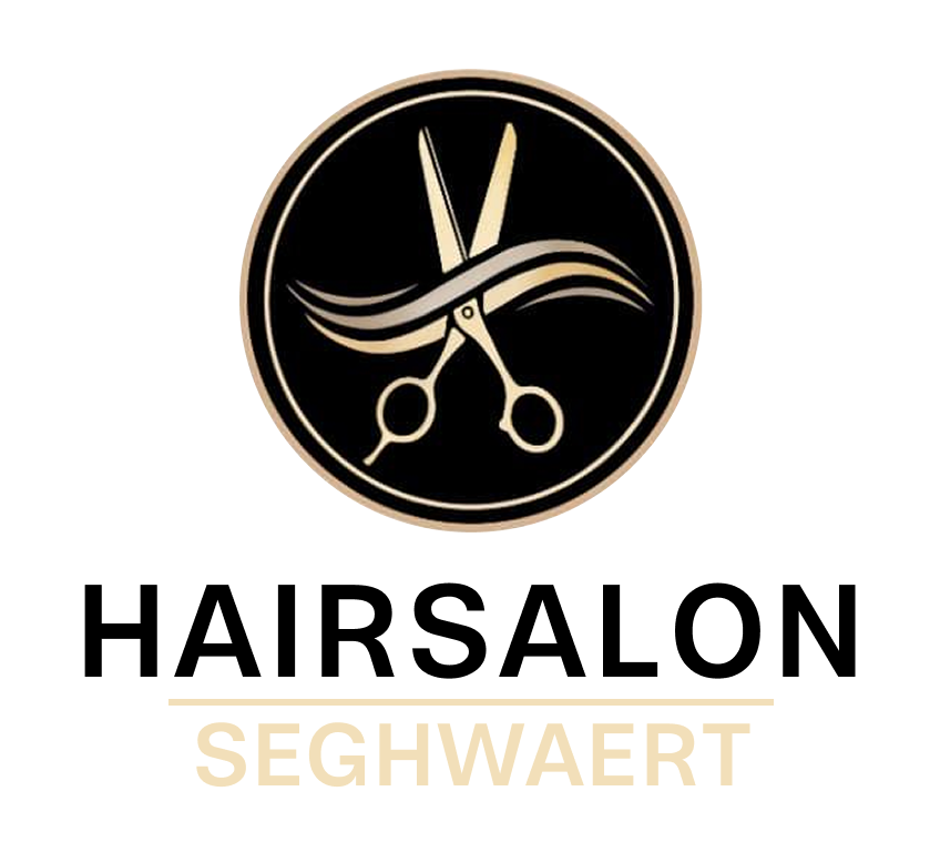 Logo van de kapsalon: een zwarte cirkel met een schaar die golvend haar knipt, de tekst 