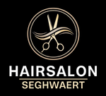 Logo van een kapsalon met een schaar die haar knipt in een cirkel. Tekst 