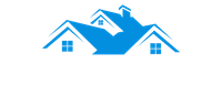 Blue house logo with windows and chimney on a white background.