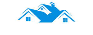 Blue house logo with windows and chimney on a white background.