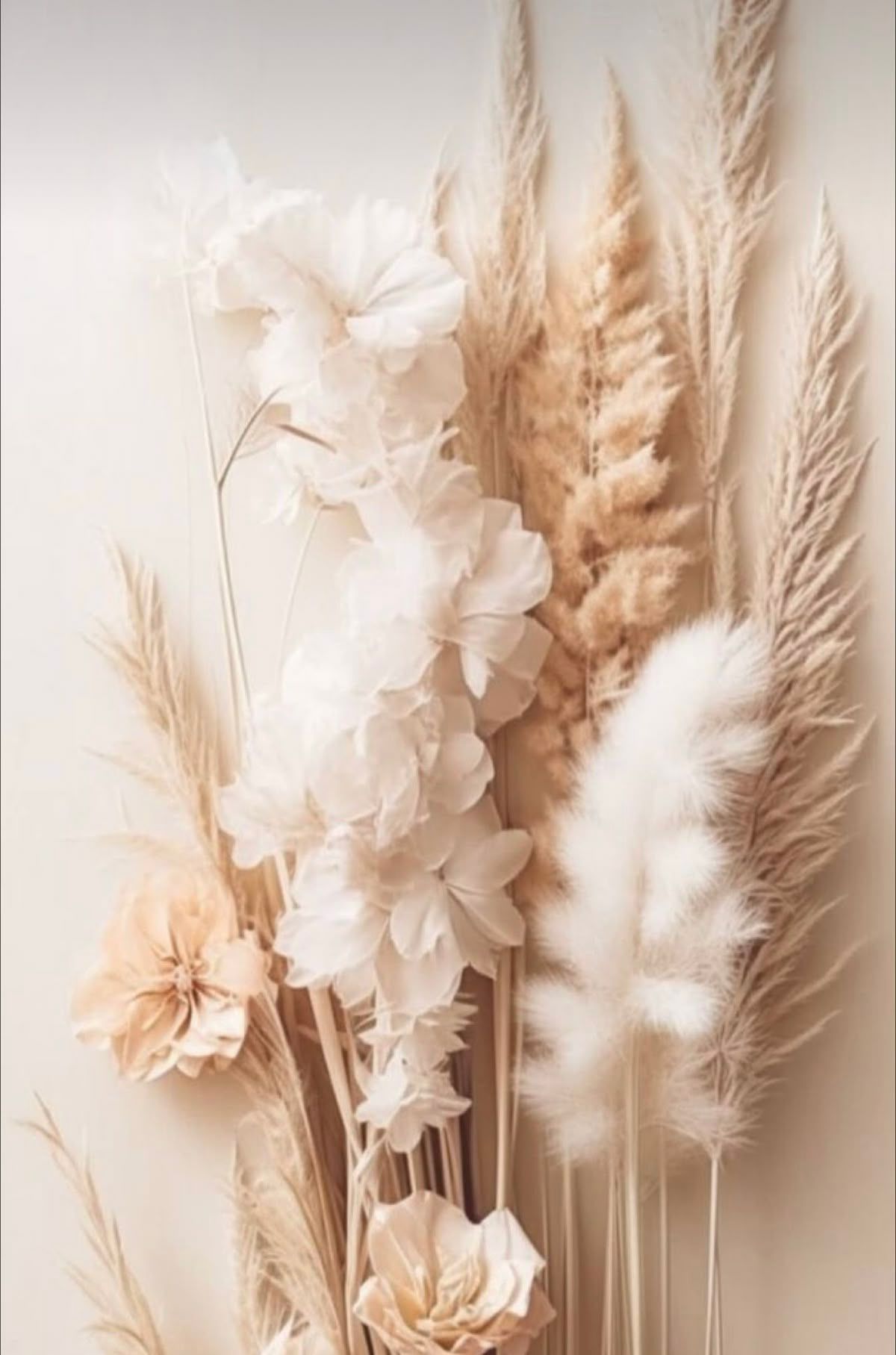Een zacht, minimalistisch boeket van gedroogd pampasgras in neutrale beige tinten en witte bloemen.