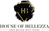 Het logo van House of Bellezza met een gouden HB-monogram op een zwarte achtergrond en de slogan 