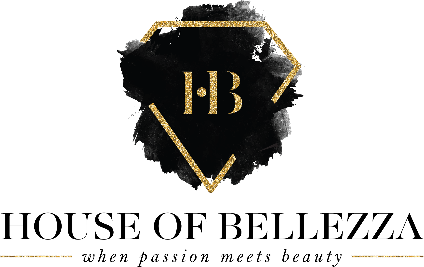 Het logo van House of Bellezza met een gouden HB-monogram op een zwarte achtergrond en de slogan 