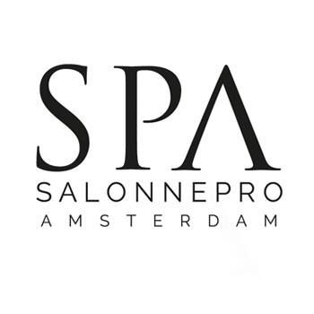 Het logo van SPA Salonnepro Amsterdam in zwart op een witte achtergrond.