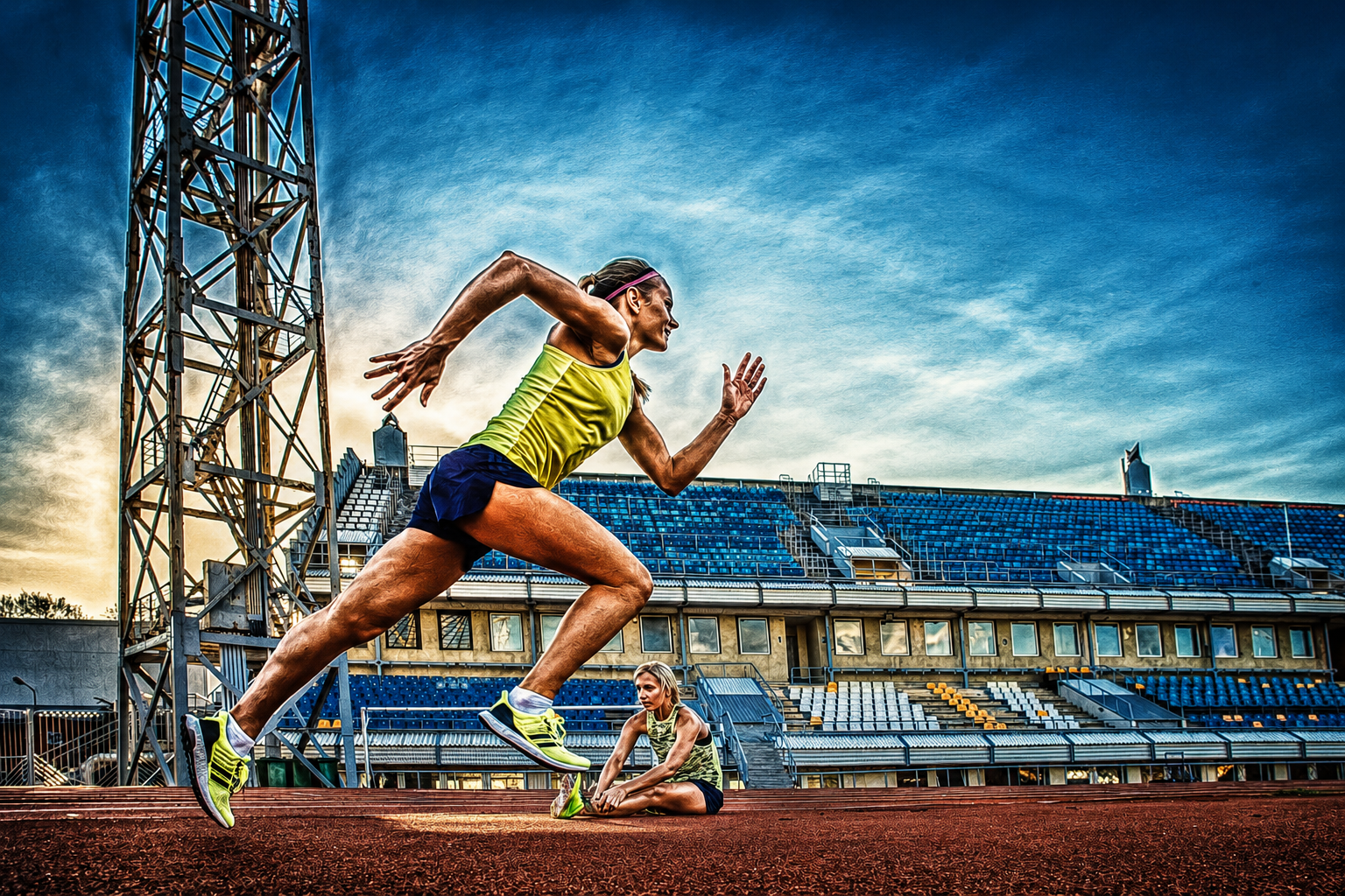 Sprinter launching from the track at a stadium, captured mid-stride under a blue sky