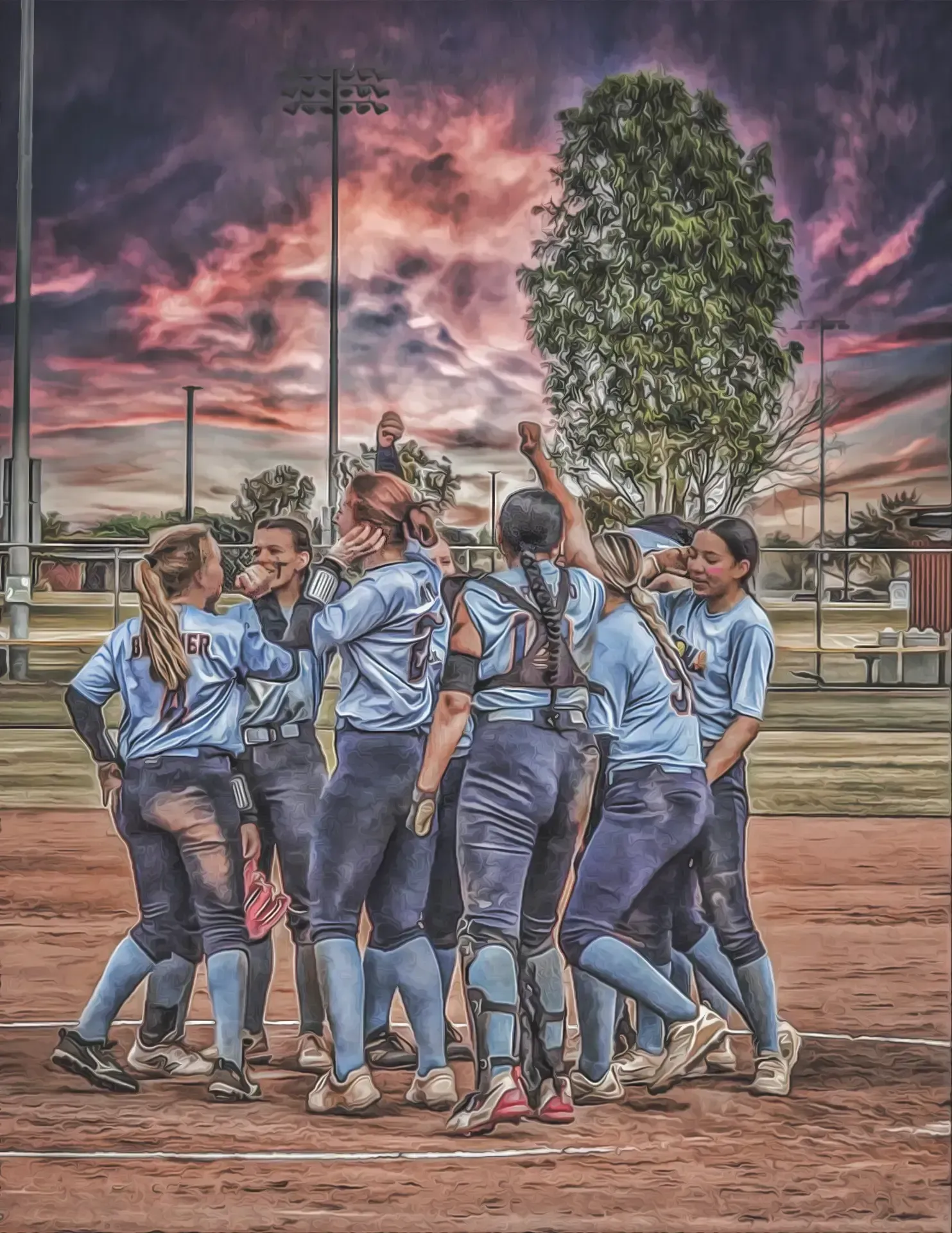 Softball team huddles and celebrates on a dirt field under a dramatic sunset sky.