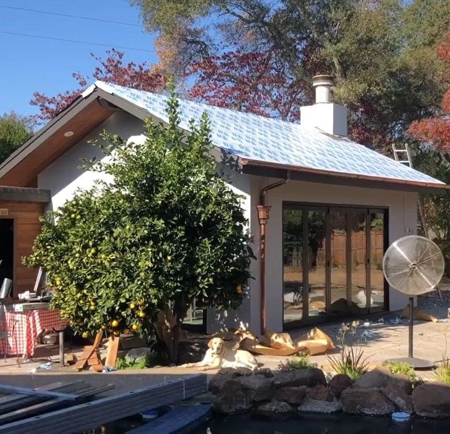 Small house with blue metal roof, front glass doors, and garden plants under bright daylight.