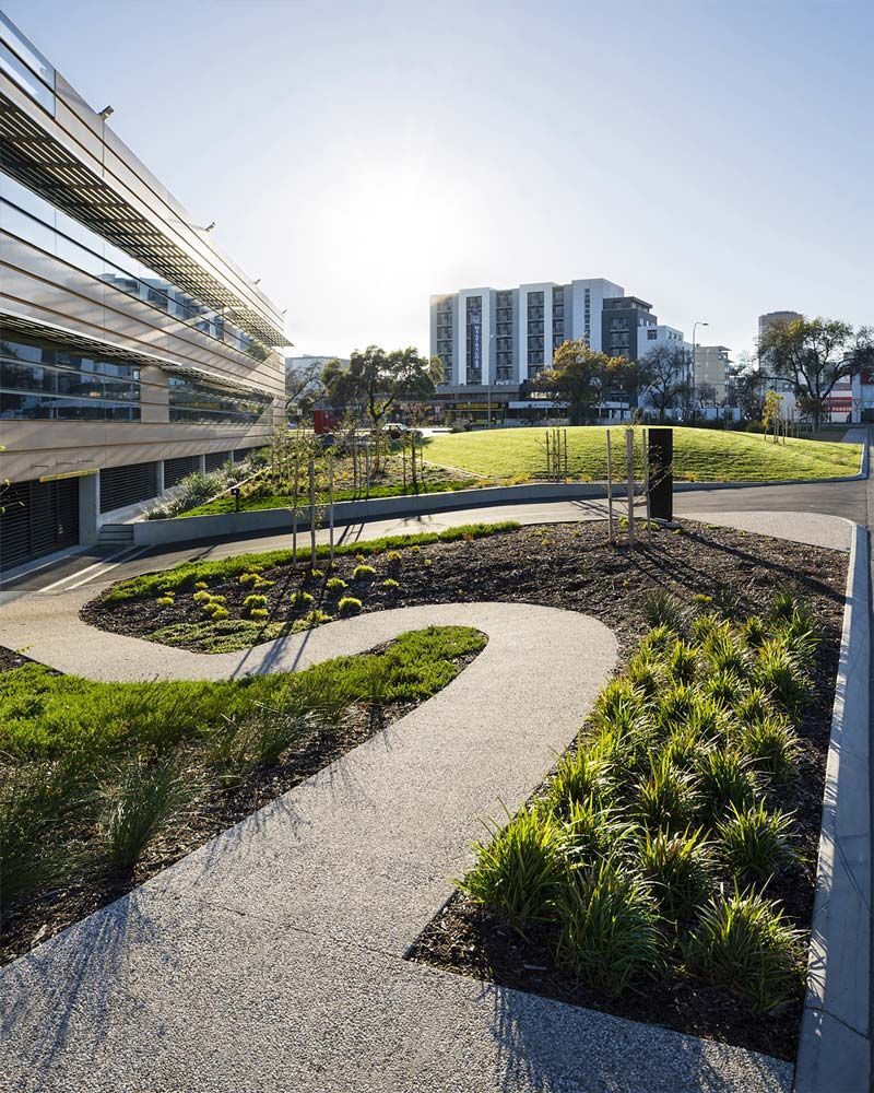 A winding concrete path through a landscaped garden, with a modern building and distant city buildings.